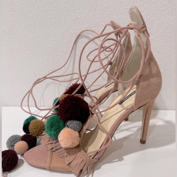ZARA Suede Leather High Heel Lace Up Sandals With Pompoms - Picture 4 of 6